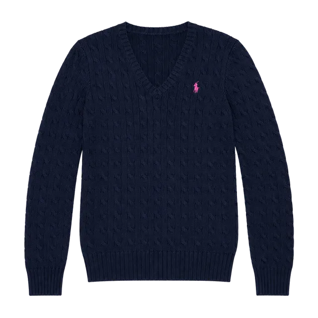 Ralph Lauren Sport Cable Knit V-Neck Sweater Size L Navy Pink Pony