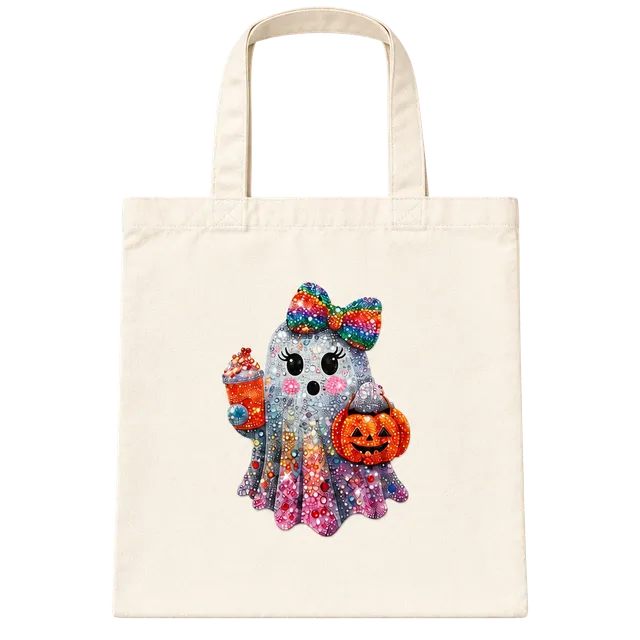 Halloween Diamond Painting Canvas Tote Bag Ghost Pumpkin Bow