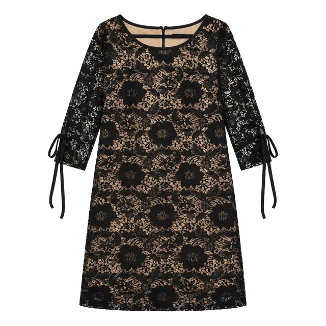Karin Stevens Lace Dress Size 16 Black Nude Floral Bow Sleeve