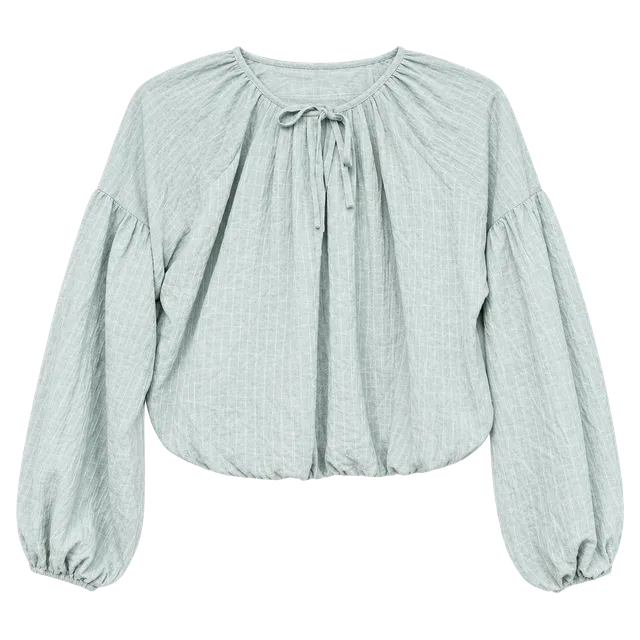 WAYF Blouse Size S Sage Green Textured Long Sleeve Tie Neck Crop Top