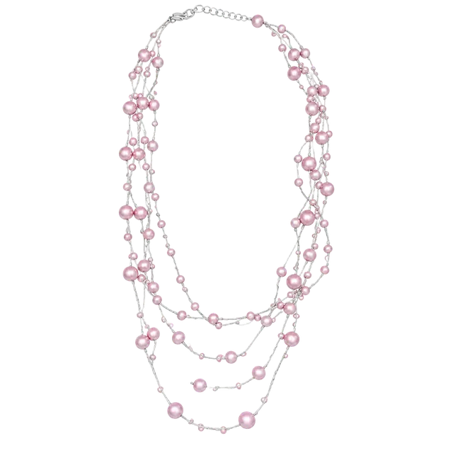 Monet Pink Faux Pearl Multi Strand Silver Tone Necklace