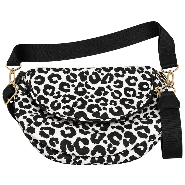 Leopard Print Crossbody Bag Black White Nylon Multi-Pocket