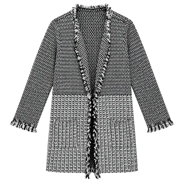 Black & White Tweed Cardigan | Fringe Open-Front Sweater Jacket