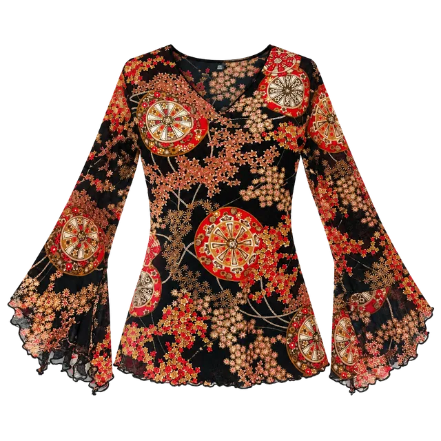 Vintage Y2K Floral Bell Sleeve Top Black Red