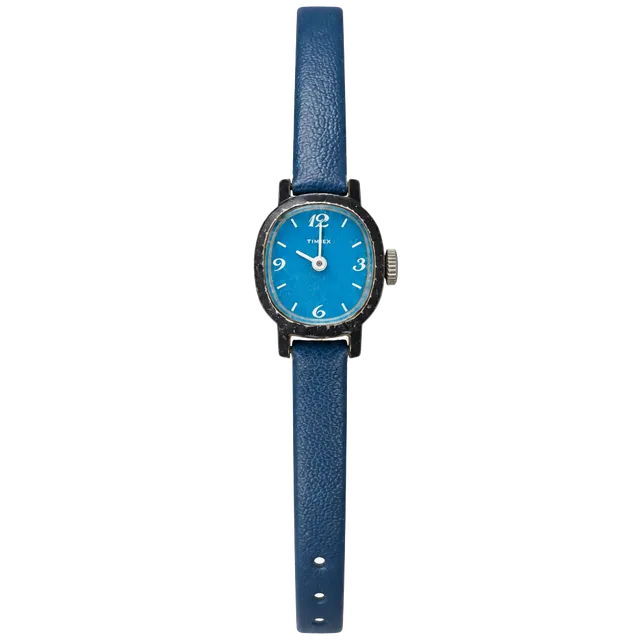Timex Vintage Oval Wristwatch Blue Dial Leather Strap
