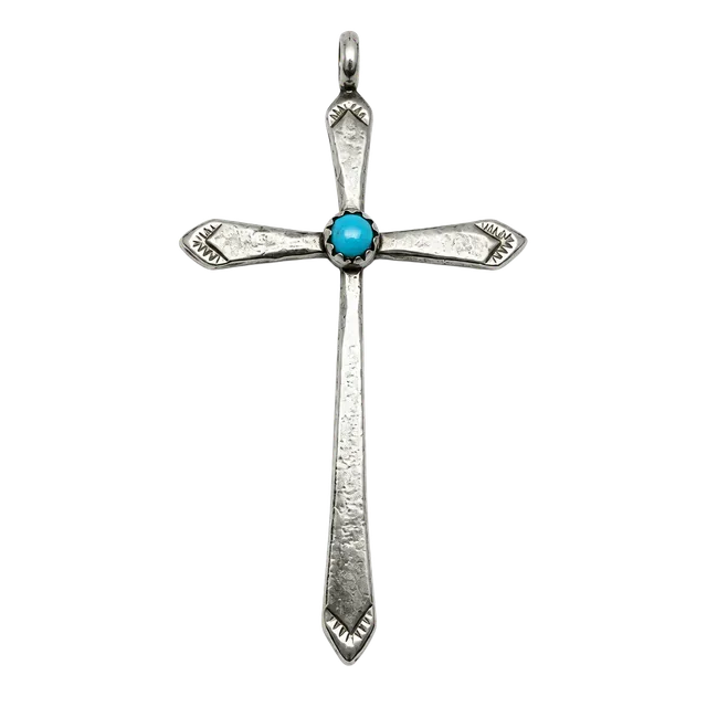 Vintage Southwestern Turquoise Sterling Cross Pendant Charm!