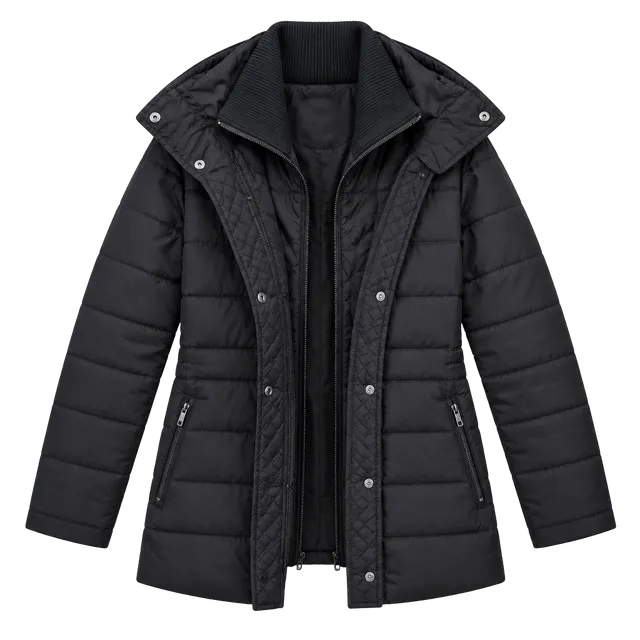 d.e.t.ails INTL Quilted Puffer Jacket Size L Black Faux Fur Hood