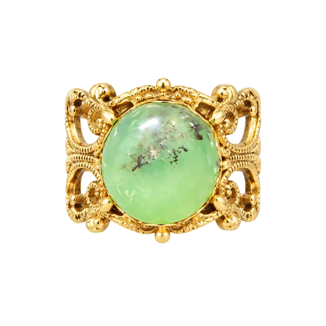 Vintage 1970s Filigree Green Stone Ring Antique Style Gold Tone