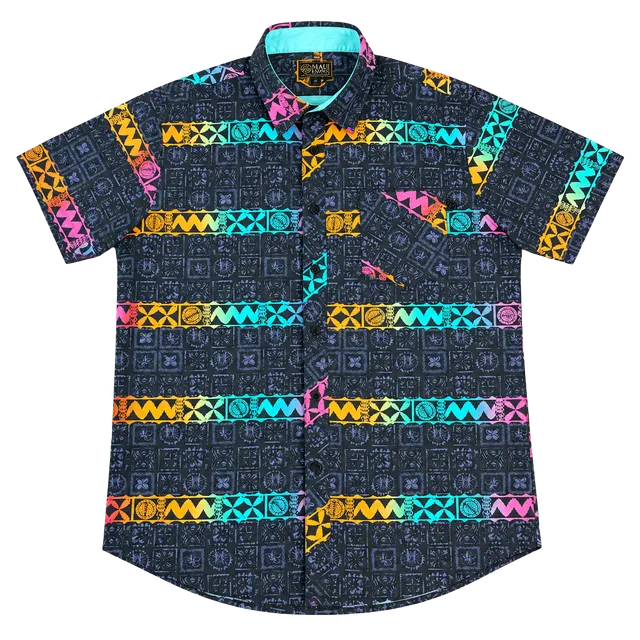 Maui and Sons Black Multi color Button Up Short Sleeve Hawaiian Shirt Men’s M