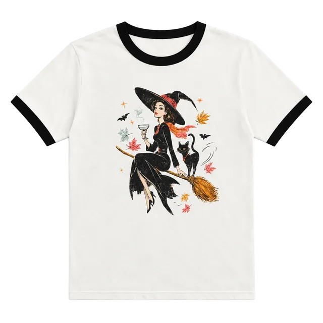 Next Level Apparel Vintage Witch Halloween Graphic Ringer Tee L