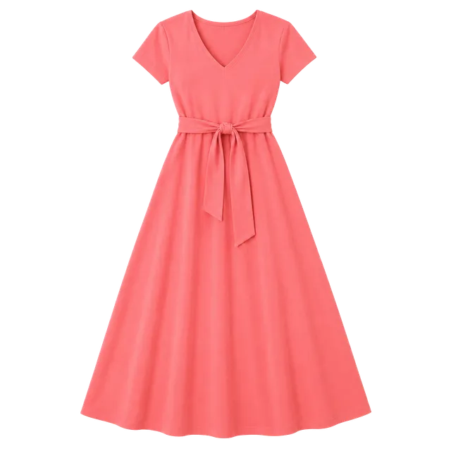 Lands’ End Women’s Coral V-Neck Tie Waist A-Line Midi Dress XL 18 Stretch