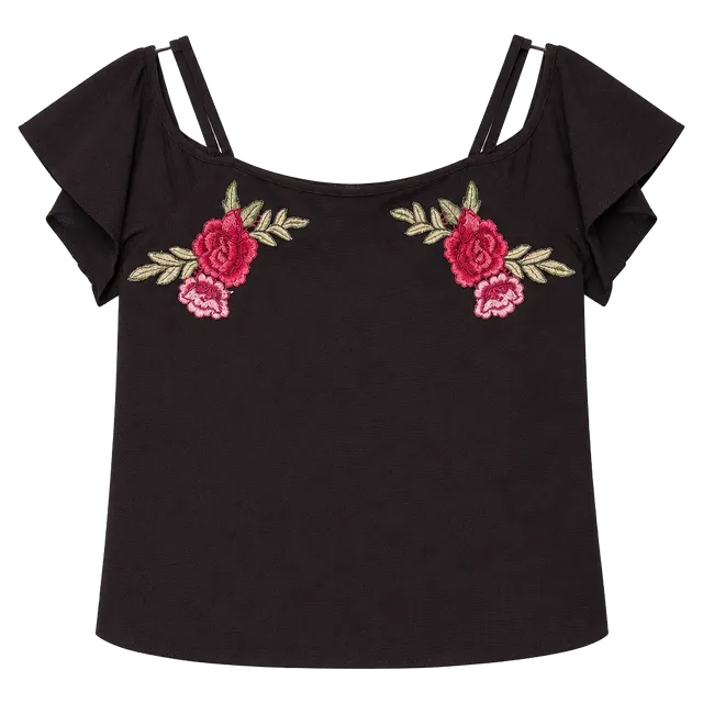 Black Cold Shoulder Embroidered Floral Top