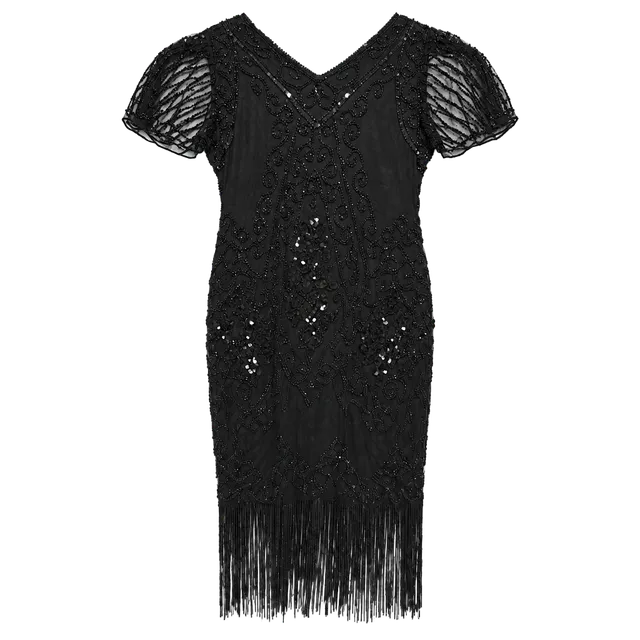 PrettyGuide Flapper Dress Size XL Black Beaded Sequin Fringe Art Deco