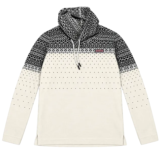 Vineyard Vines Cowl Neck Pullover Hoodie Size M Black White Fair Isle Print
