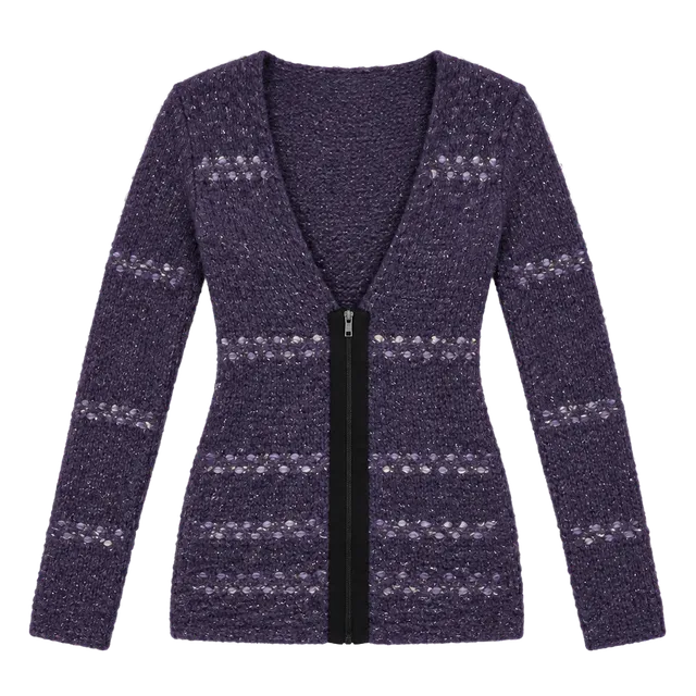 Tory Burch Cardigan Size S Purple Metallic Full Zip Open Knit
