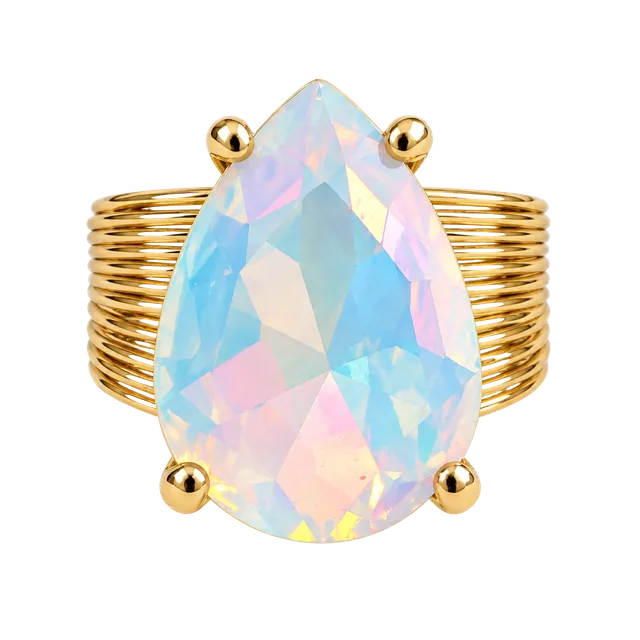 Gold Tone Aurora Borealis Iridescent Crystal Statement Ring Size 7–8
