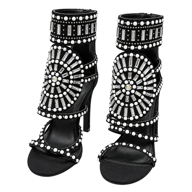 Windsor Royal Heels Size 7.5 Black Suede Rhinestone Stiletto Sandals
