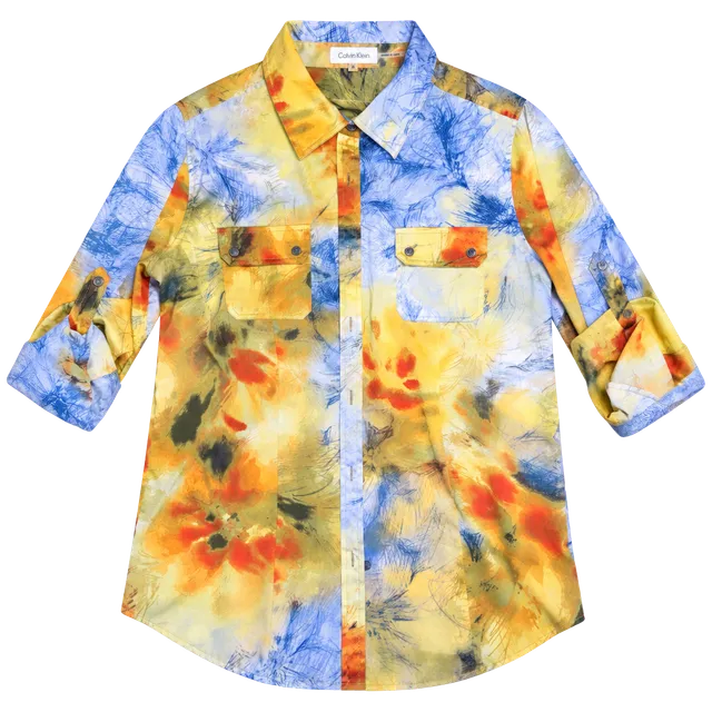 Calvin Klein Button Down Shirt Size M Yellow Blue Floral Watercolor