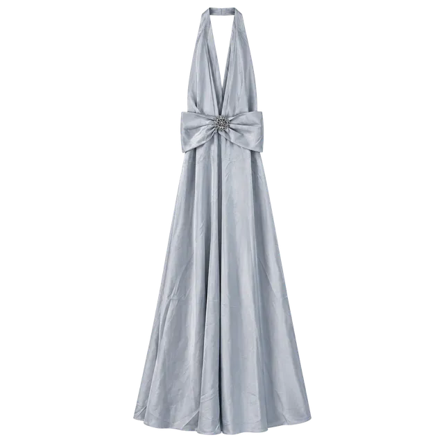 Miss MaMa Halter Maxi Dress Silver Satin Rhinestone Bow Formal Gown size small