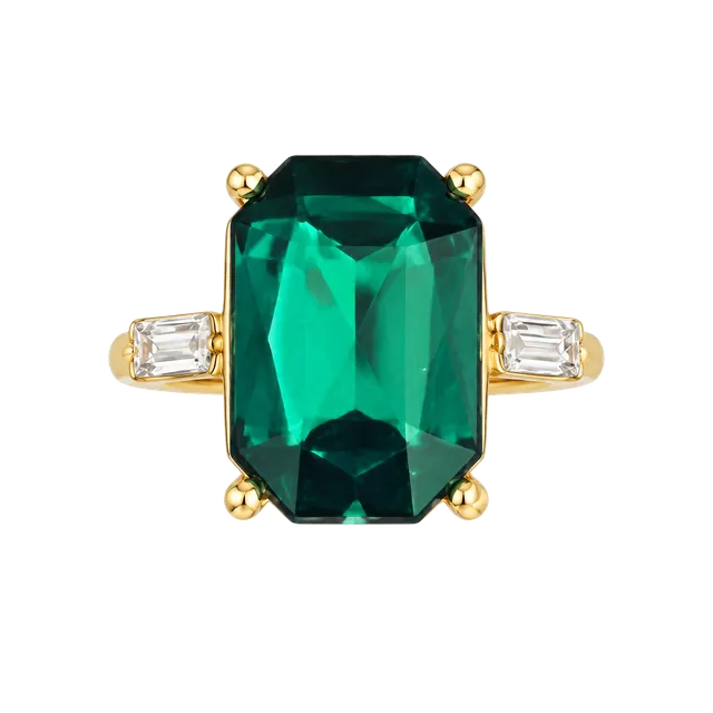 Gold-Tone Emerald Cut Baguette Green Crystal Cocktail Ring Size 6