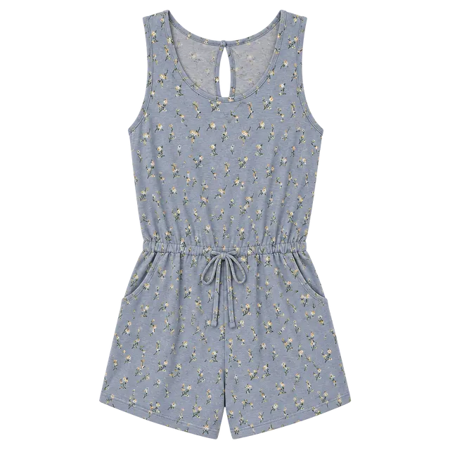 Hayzel Floral Romper Blue Yellow Sleeveless Drawstring Pockets