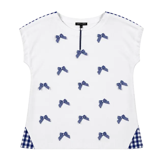 Leo & Ugo Gingham Bow T-Shirt Size 2 White Blue New With Tags