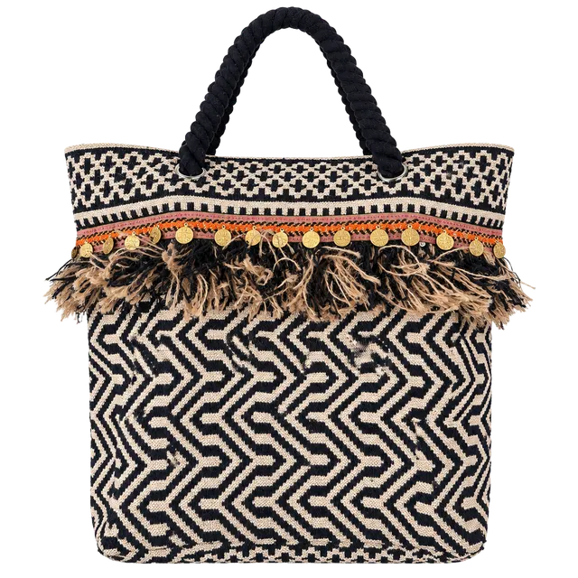Malini Woven Chevron Fringe Coin Tote Bag Navy Black Cream