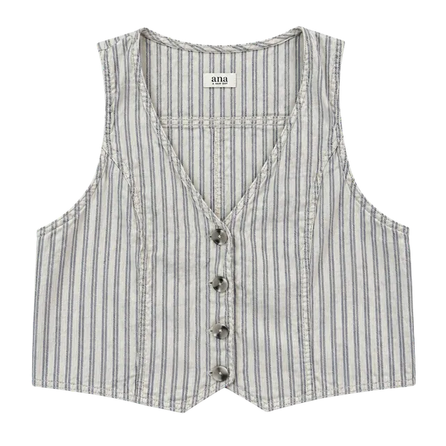 Ana a New Approach Vest Size L Blue Striped Linen Cotton