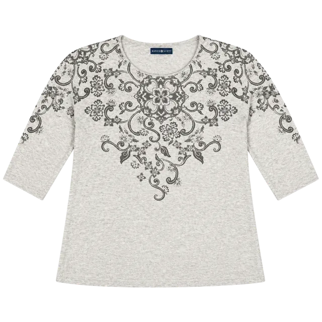 Karen Scott Top Size XS Gray Floral Print 3/4 Sleeve Cotton