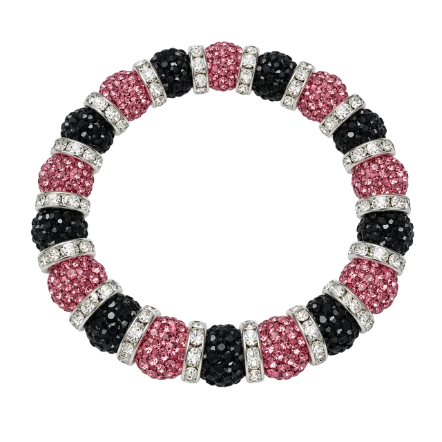 Pink And Black Crystal Rhinestone Shamballa Bead Stretch Bracelet