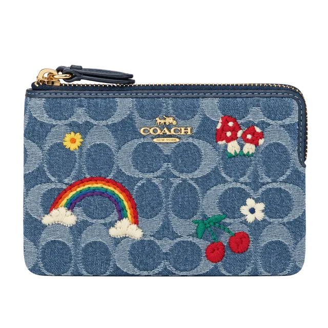 Coach Signature Denim Embroidered Rainbow Mushroom Corner Zip Wristlet