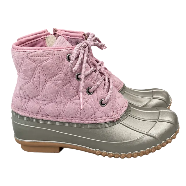 Magellan Outdoors Quilted Pink and Silver Lace-Up Duck Boots Girls 4