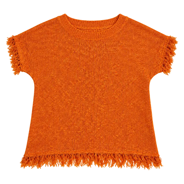 ANDTHEWHY Knit Top Size S/M Orange Open Weave Fringe