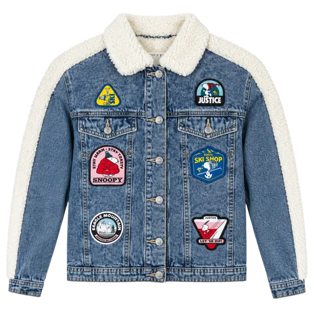 Justice Peanuts Snoopy Denim Sherpa Jacket Size M 10 Blue Patches