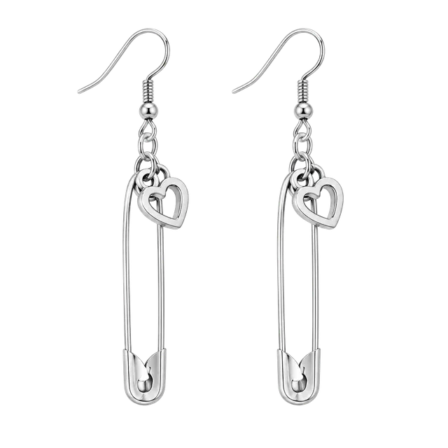 Heart Safety Pin Dangle Earrings Silver Tone