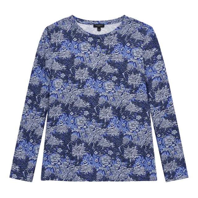 Talbots Petites Blue Purple Baroque Floral Print Crewneck Long Sleeve Top MP