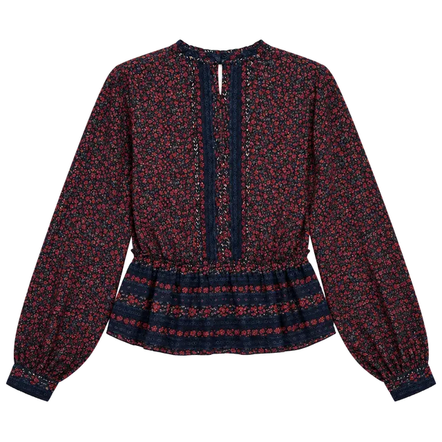 Cottagecore Beaded Sheer Blouse Size P Red Blue Floral