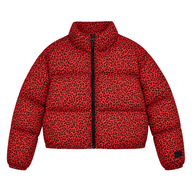 Fabletics Wander Cropped Puffer Jacket Size XL Red Leopard Print