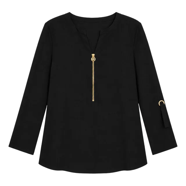 Michael Kors Black Gold Zip V Neck Roll Tab Sleeve Blouse Large Career