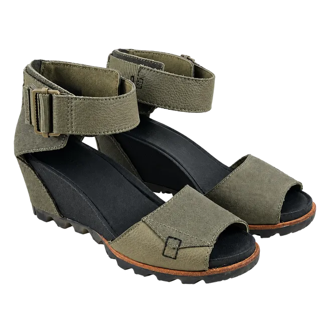 Sorel Cameron Flatform Wedge Sandals Green Canvas Leather Ankle Strap Size 8