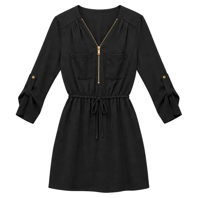Women's 3/4 Sleeve Zipper Front Tunic Shirt Dress