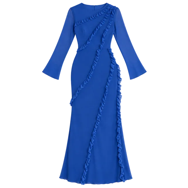 Aloruh Frill Trim Flounce Sleeve Mermaid Hem Dress Royal Blue