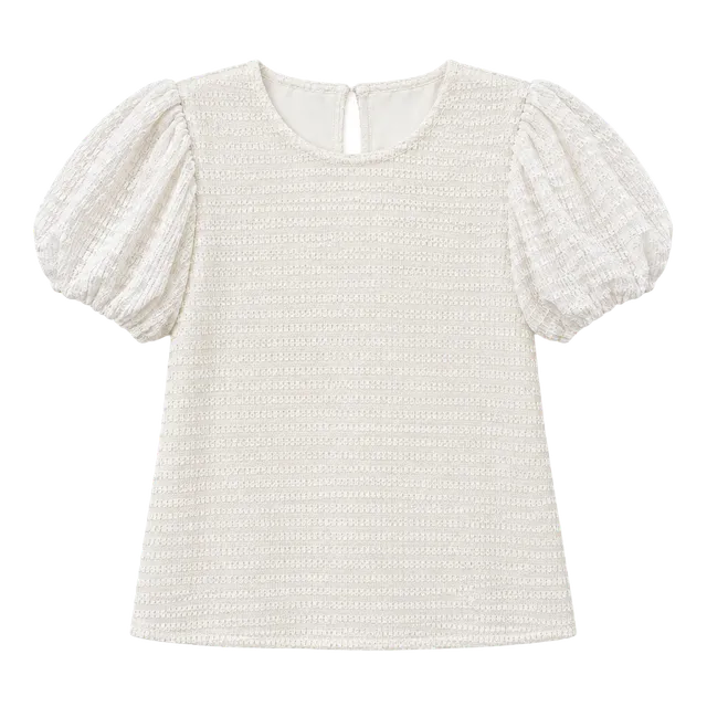 CeCe Puff Short Sleeve Top Size S White Textured Blouse