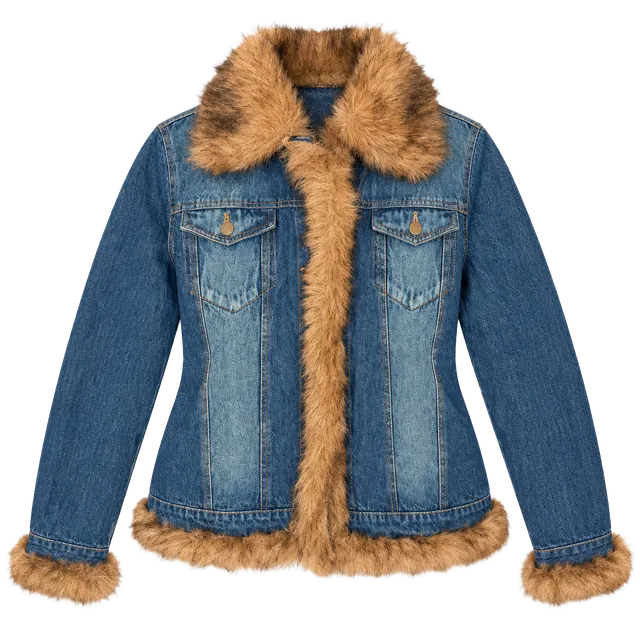 925 Moka Sport Faux Fur Trim Denim Jacket XL Blue