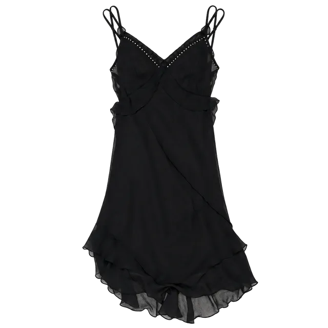 Victoria's Secret Slip Dress Size M Black Chiffon Ruffle Studded Y2K