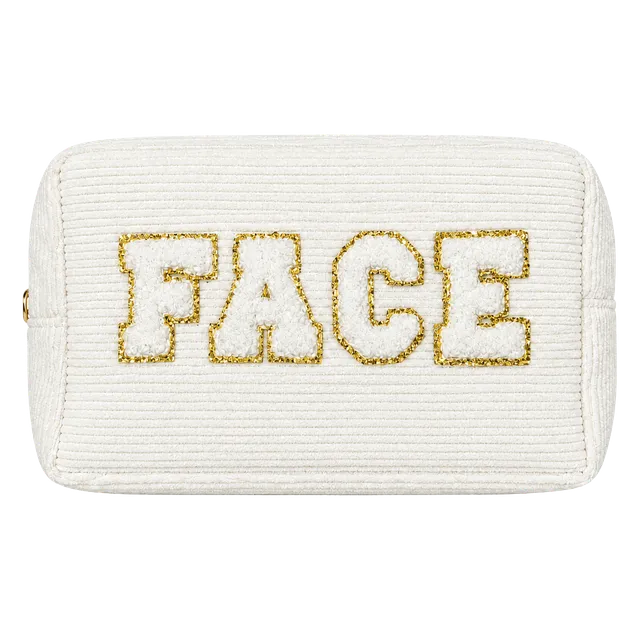 Face Corduroy Makeup Pouch Cream Gold Letters