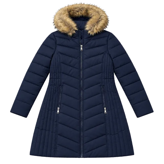 Tommy Hilfiger Quilted Puffer Coat Size XL Navy Blue Faux Fur