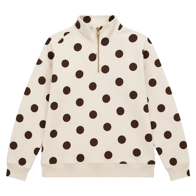 Zenana Polka Dot Quarter Zip Sweatshirt Size L Cream Brown