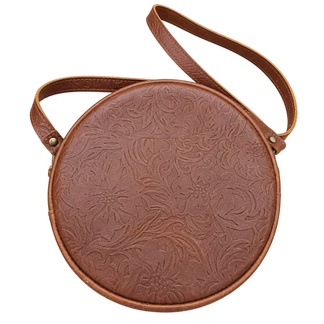 Portland Leather Goods Circle Crossbody Bag Tooled Floral Brown Leather Large