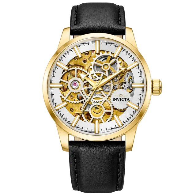Invicta Skeleton Automatic Gold-Tone Black Leather Watch